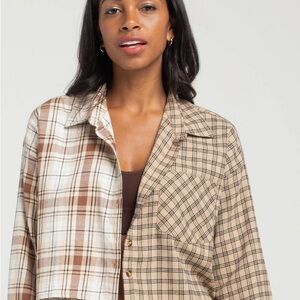 RSQ Brown and Cream Asymmetrical Long Sleeve Button Down Shirt